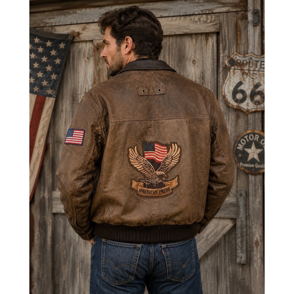 Distressed Leather Patriotic Bomber Jacket American Eagle Western Biker Sz M